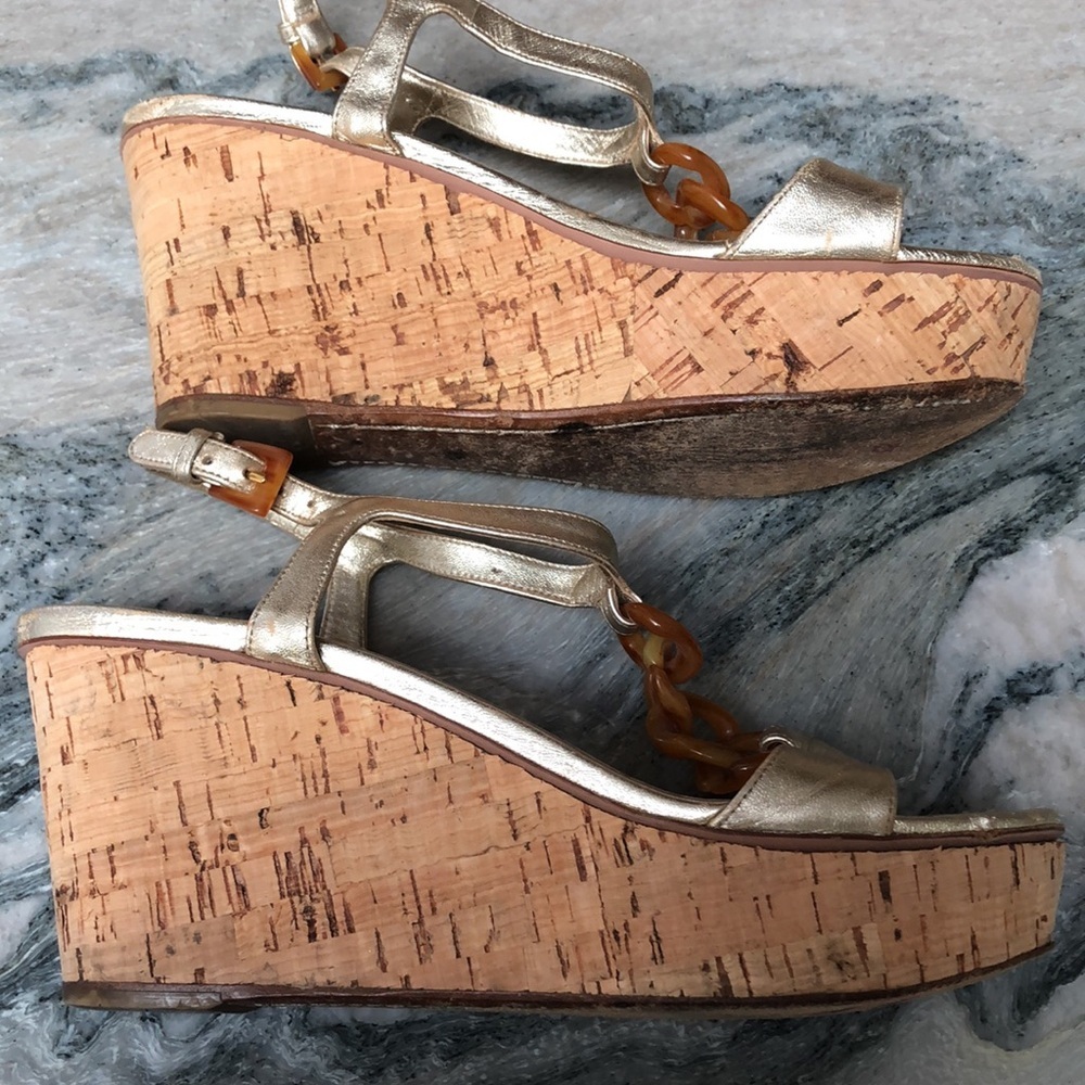 Prada vintage 90’s cork wedge heels metallic leather tortoiseshell look links 8 - Picture 6 of 11